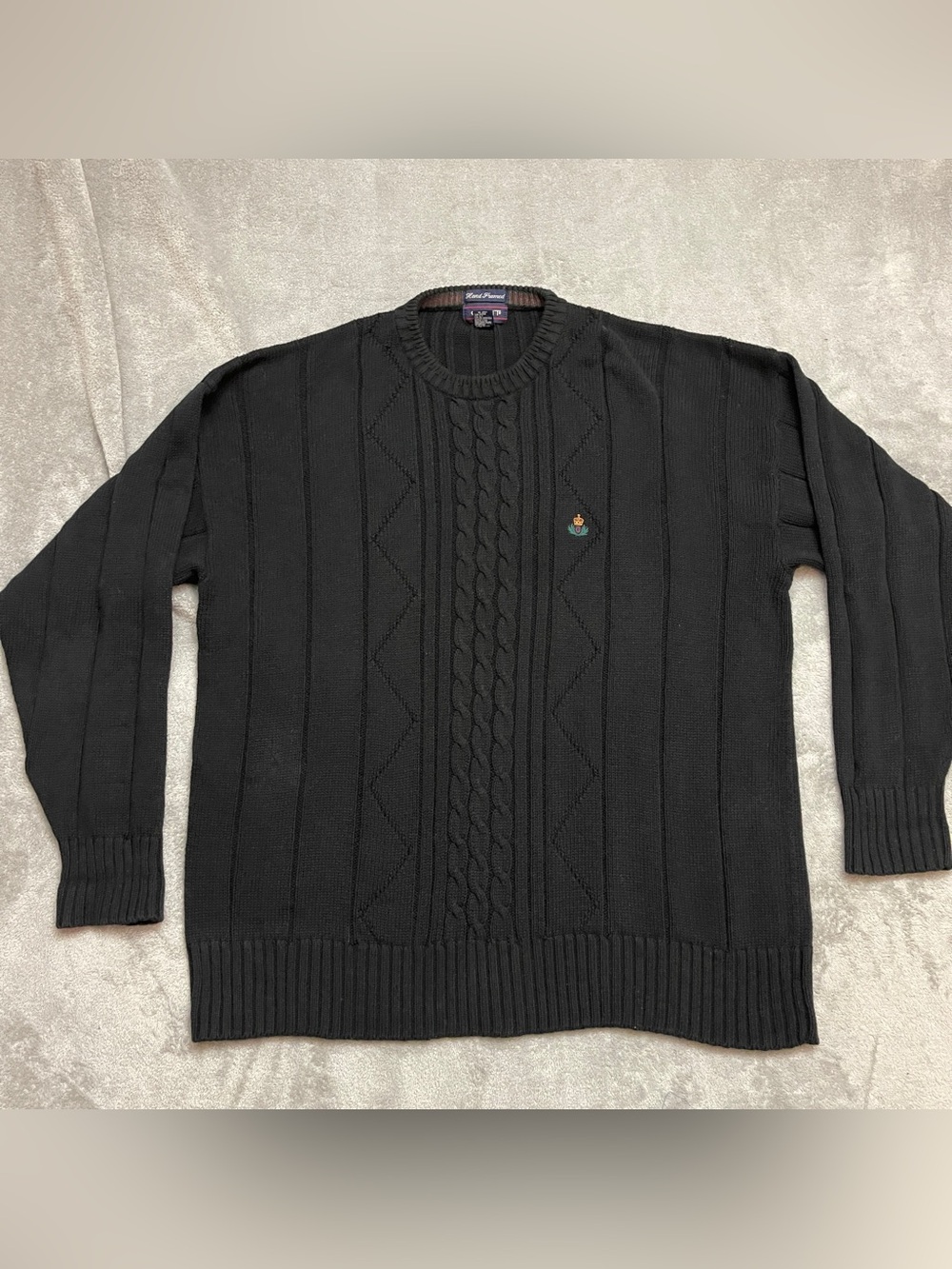 Vintage Gant Mens Large Black Hand Framed Cable Knit Crewneck Sweater Pullover
